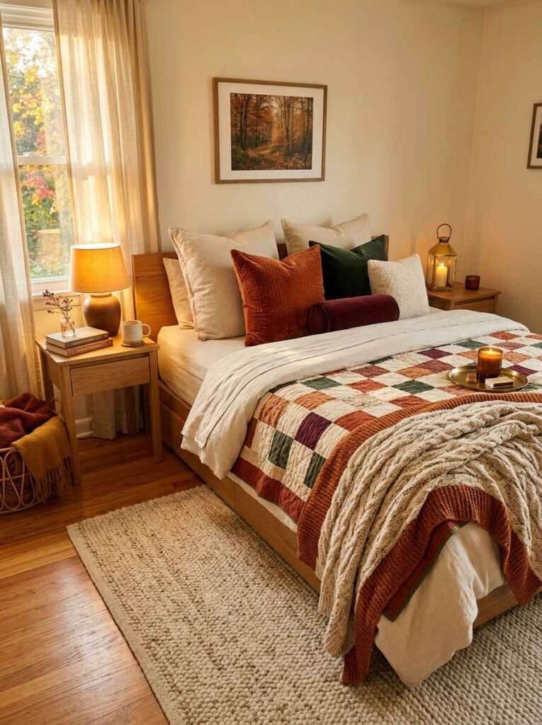 Warm fall bedroom with patchwork quilt, chunky cable knit blanket, rust velvet pillows, bedside lamp, and framed autumn art.