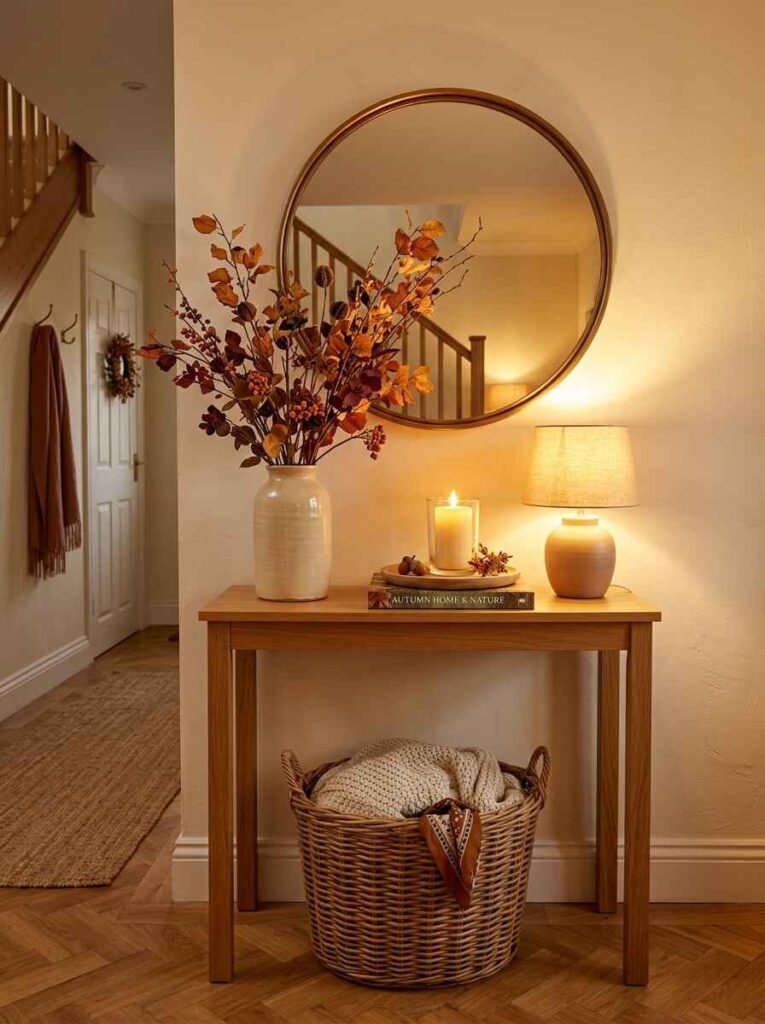 Wooden entryway console table with round mirror, tall vase of autumn leaves, glowing table lamp, and woven blanket basket.