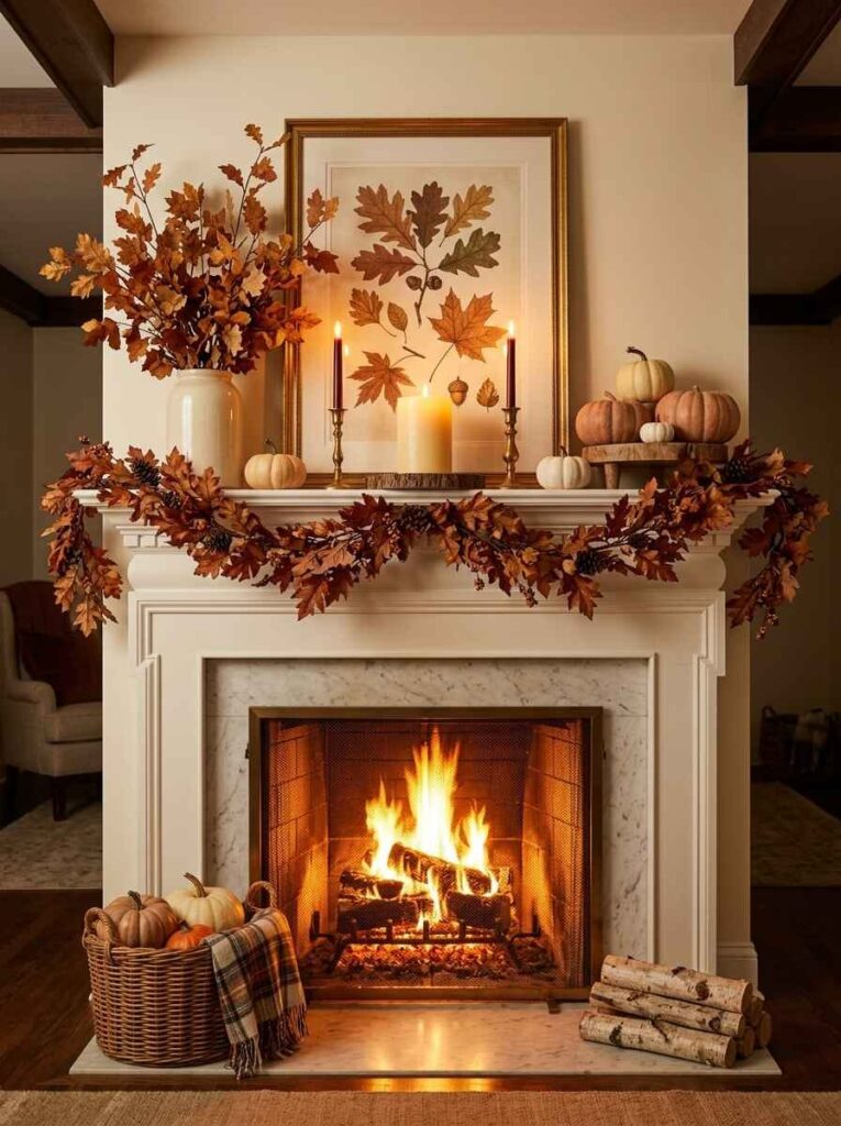 White fireplace mantel styled with dried oak leaf garland, gold framed botanical print, pillar candles, and a basket of pumpkins.