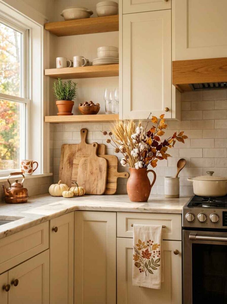 Warm kitchen corner featuring wooden cutting boards, ceramic pitcher with dried wheat and cotton, mini pumpkins, and autumn tea towel.