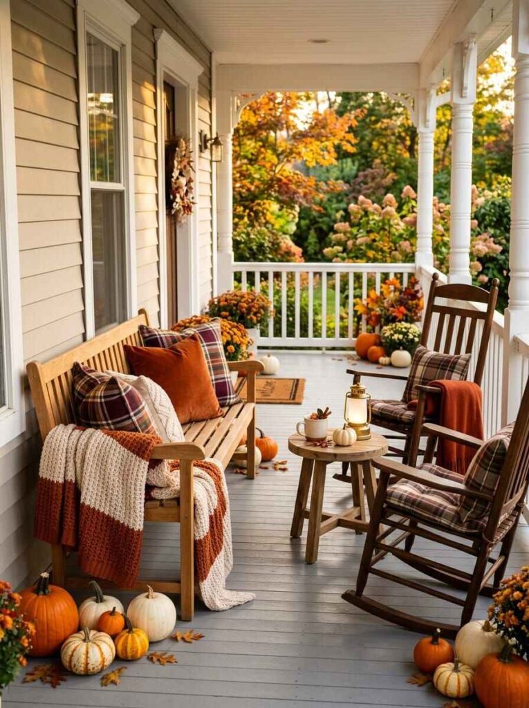 Cozy fall porch seating area featuring a wooden bench with plaid pillows and throw blanket, rocking chairs, and scattered pumpkins.