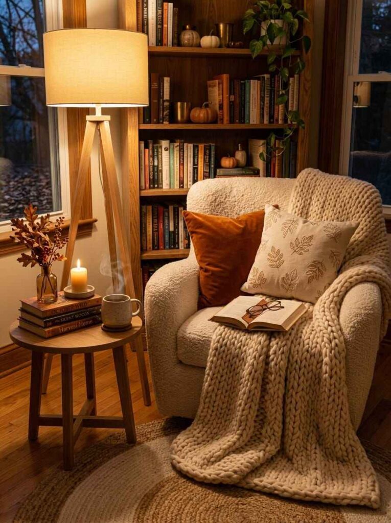Cozy fall reading corner featuring a bouclé armchair draped with a chunky knit blanket, tripod floor lamp, full bookshelf, and hot tea.