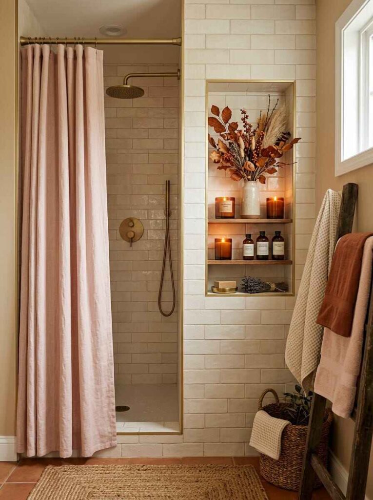 Walk-in shower styled for fall with a blush pink shower curtain, tiled wall niche holding autumn florals and candles, and ladder towels.