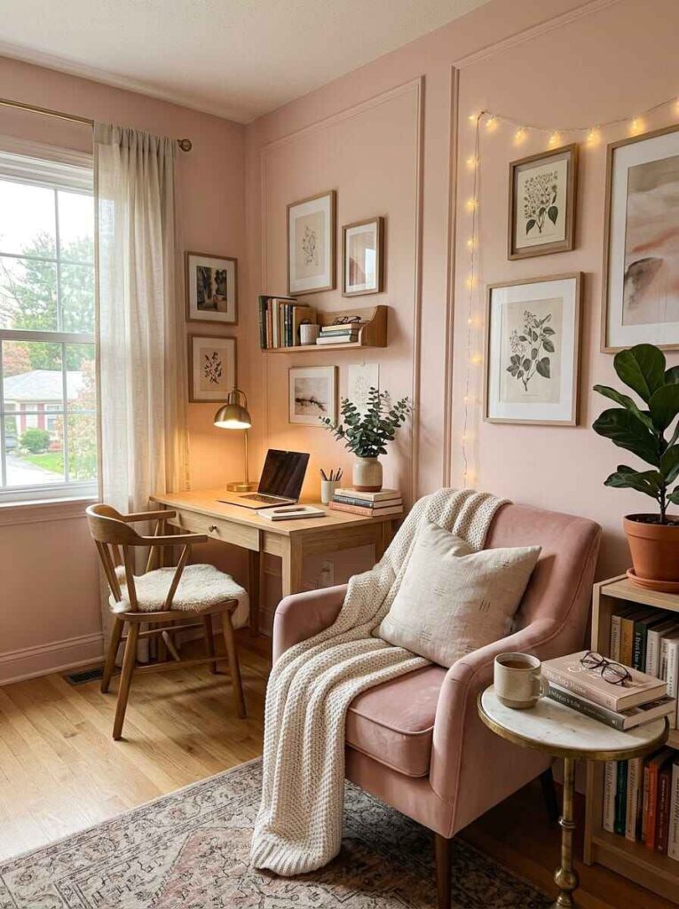 Cozy home office nook with a blush velvet accent chair, knitted throw blanket, warm fairy lights, and small wooden desk.