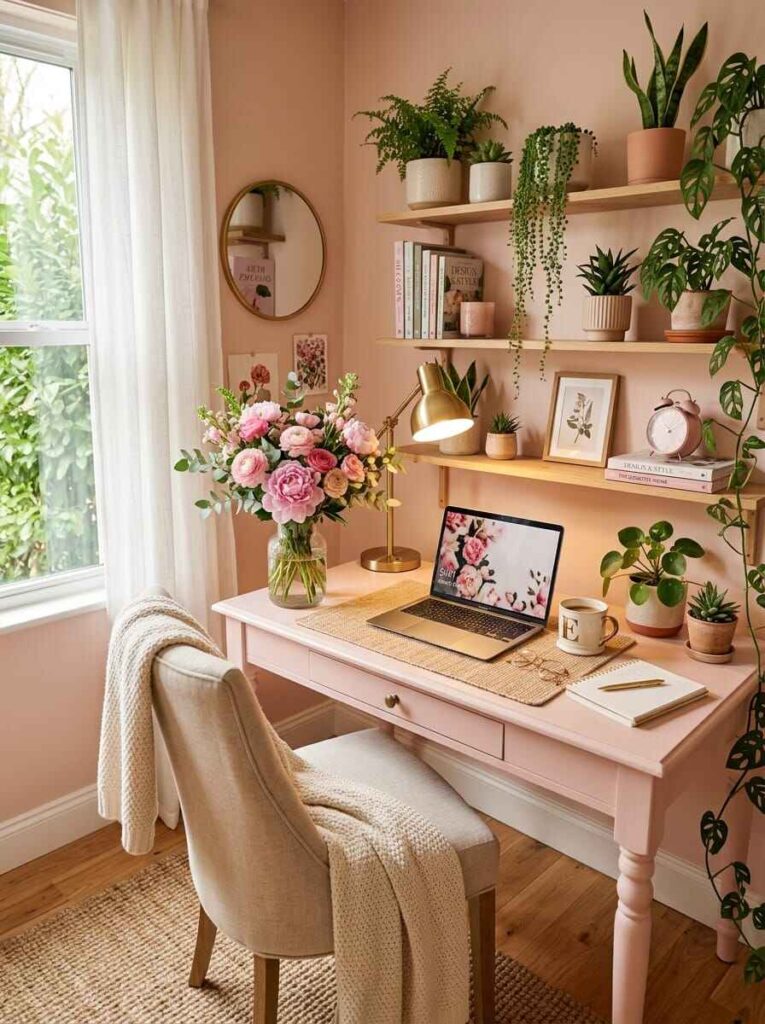 Cozy home office corner featuring a soft pink desk, brass task lamp, wall shelves with trailing plants, and fresh pink roses.