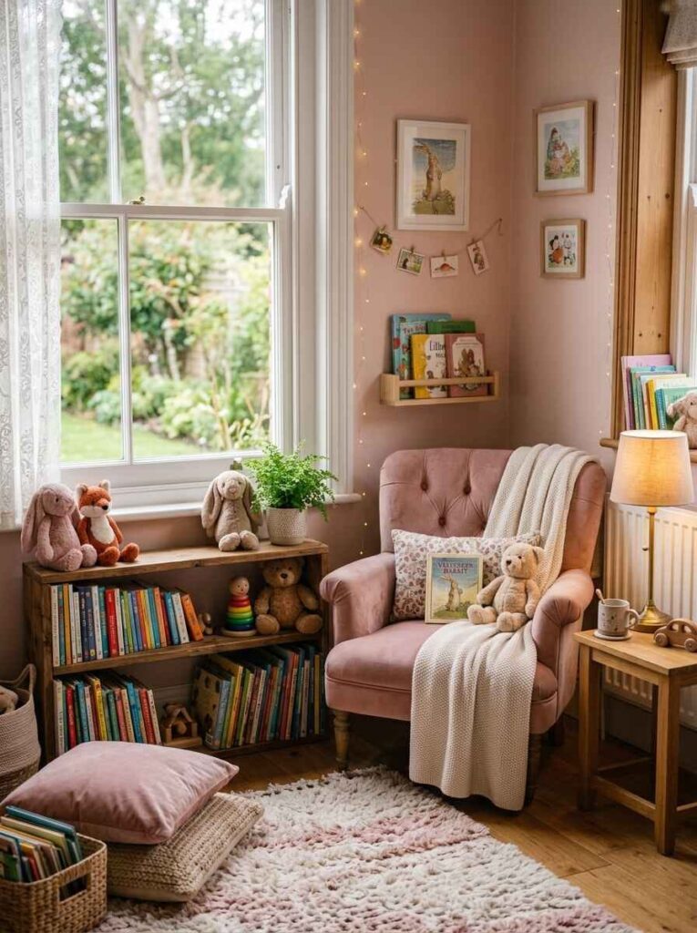 Cozy reading corner in a kids room with a pink tufted armchair, low bookshelf, floor cushion, and warm fairy lights.