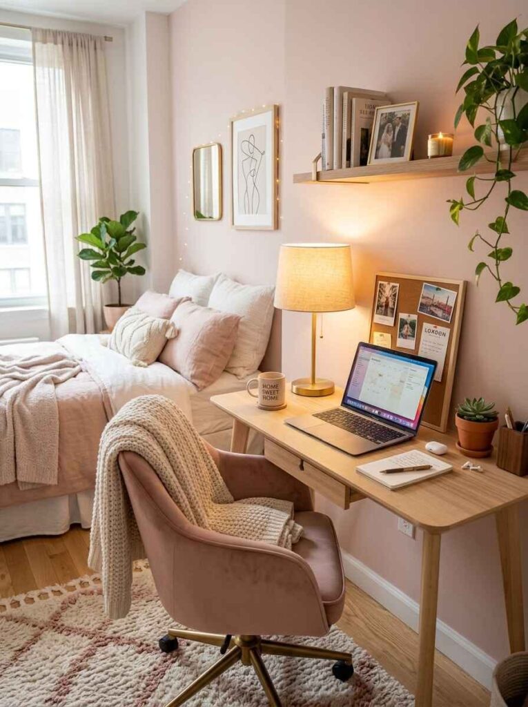 Small cozy home office nook in a bedroom featuring a compact wooden desk, warm lamp, mood board, and plush rug.
