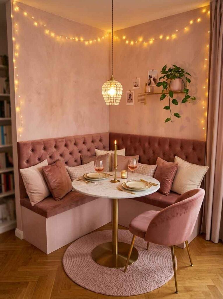 Cozy tufted pink velvet corner banquette seating with a small round marble table and string lights.