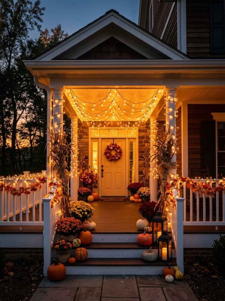 Covered fall front porch glowing at twilight with draped canopy string lights, illuminated railing garlands, mums, and lanterns.