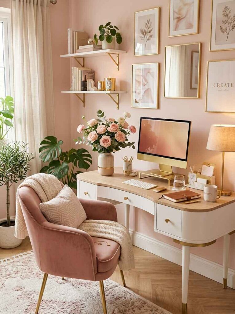Elegant curved white and light wood writing desk with pink armchair, gold-framed art, and fresh pink roses.
