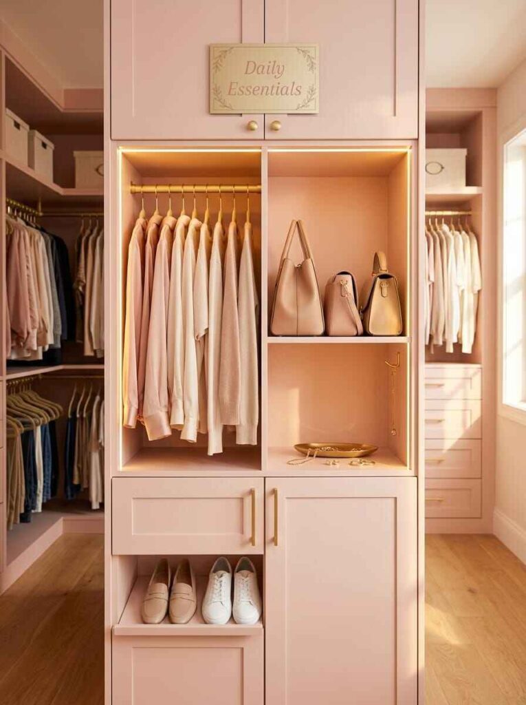 Dedicated daily essentials closet section featuring hanging work shirts, handbag display shelves, and shoes.