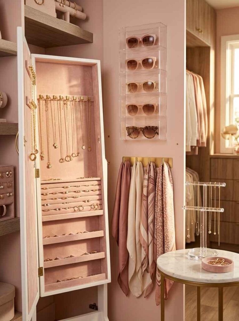 Closet accessory storage zone featuring an open jewelry cabinet, sunglasses holder, and scarf hooks.