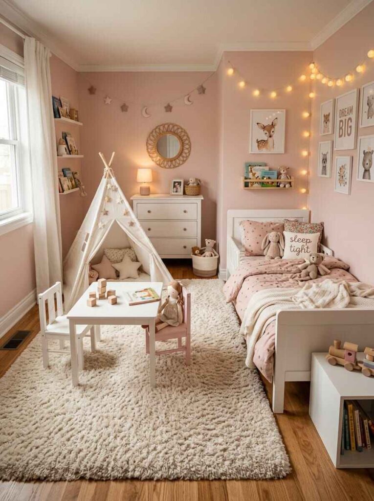 Dedicated kids play area with soft white teepee tent, small activity table, plush cream rug, and warm string lights.
