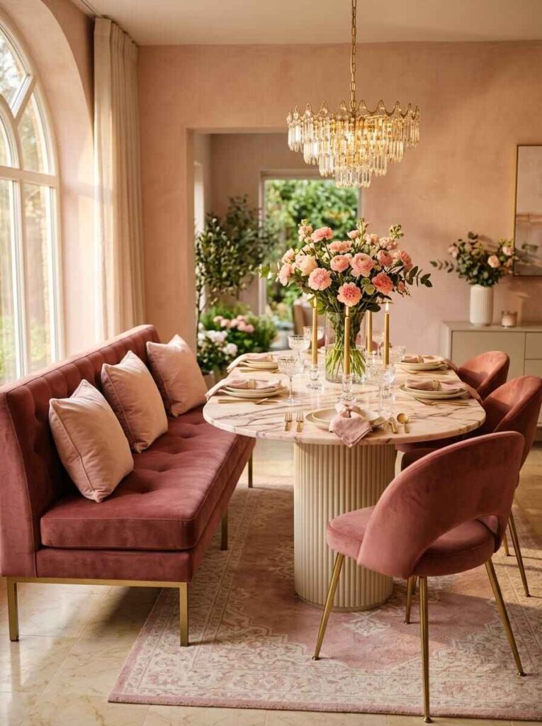 Tufted pink velvet dining bench paired with a fluted marble table and chairs to save space.