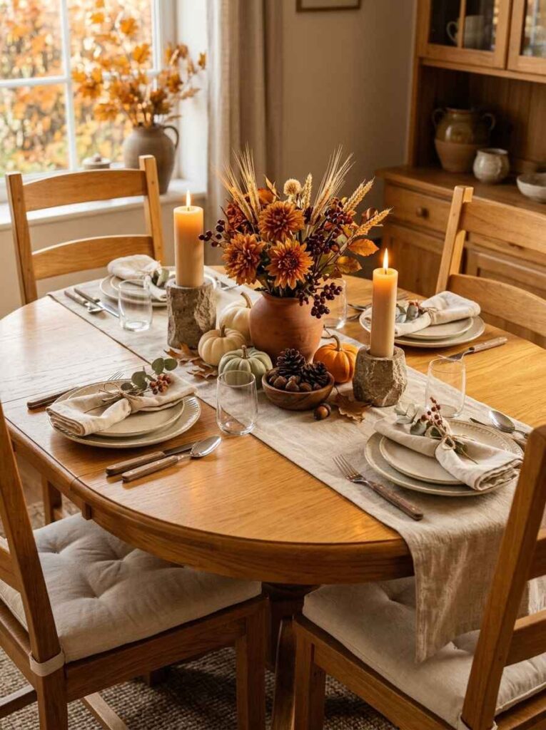 Wooden dining table set with a linen runner, terracotta vase of autumn flowers, pillar candles, mini pumpkins, and rustic dinnerware.