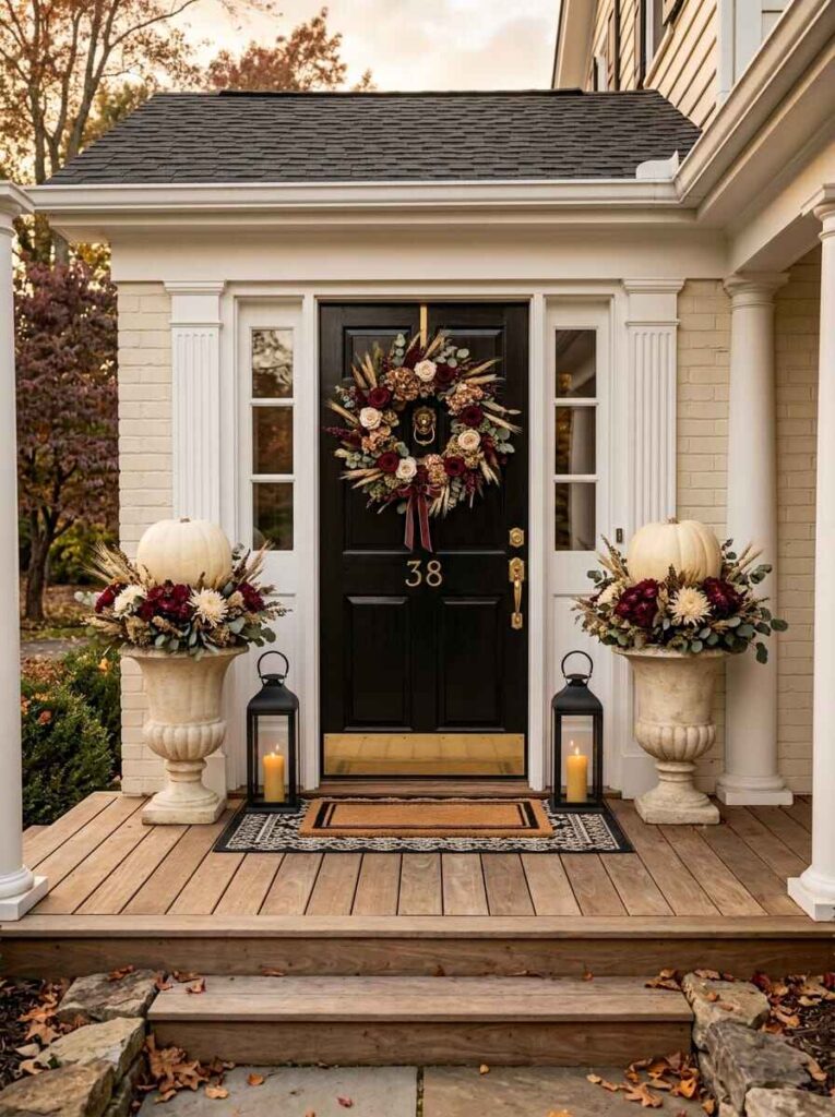 Elegant fall front porch with a black door, floral wreath, glowing lanterns, and stone urn planters topped with flowers and white pumpkins.