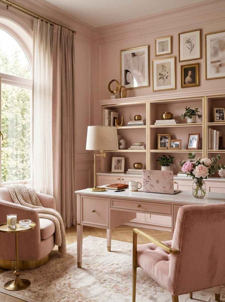 Elegant women's home office with built-in pink bookshelves with gold trim, blush armchair, desk, and traditional gallery wall.