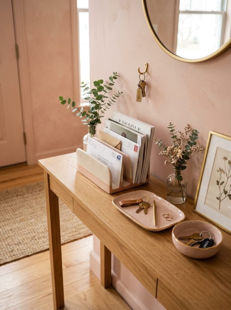 Small entryway drop zone with a ceramic catchall tray, key bowl, and mail organizer on a wooden console.