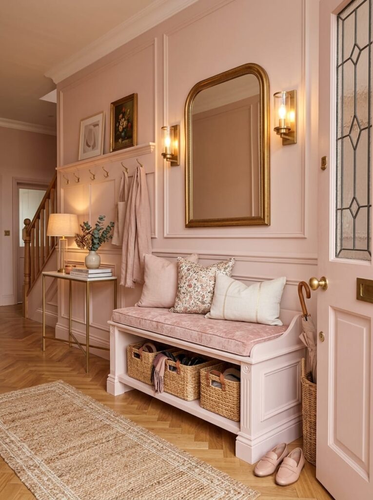 Built in entryway storage bench with pink velvet cushion and woven shoe storage baskets underneath.