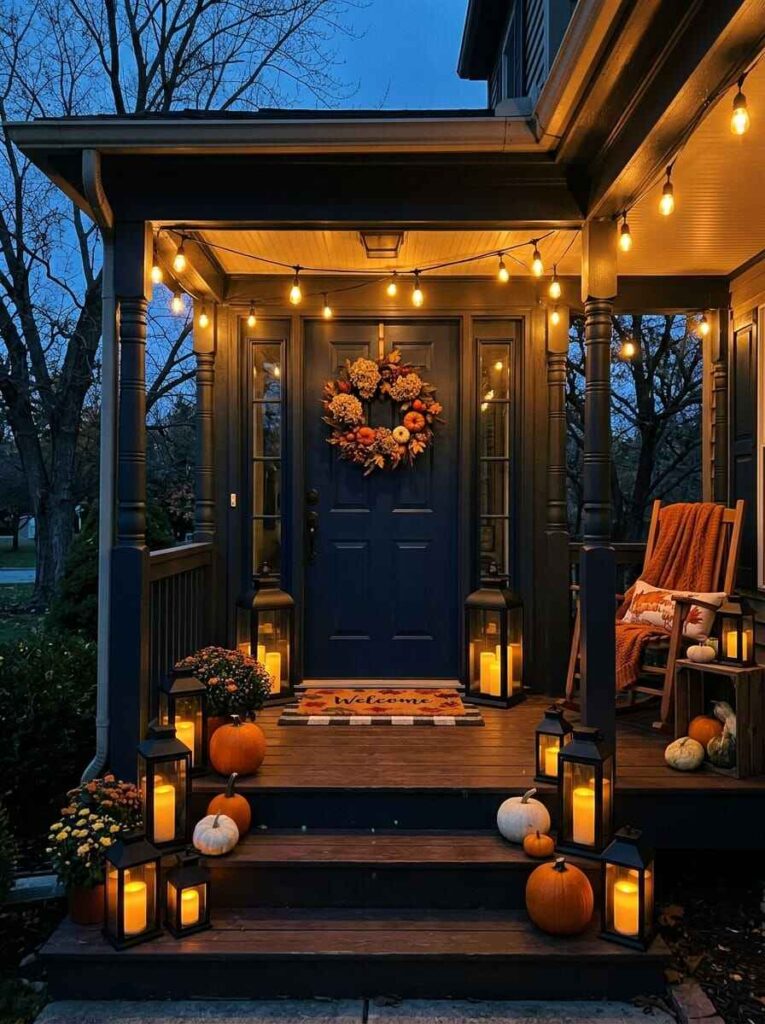 Evening fall front porch illuminated by glowing string lights, black candle lanterns, small pumpkins, and an autumn wreath.