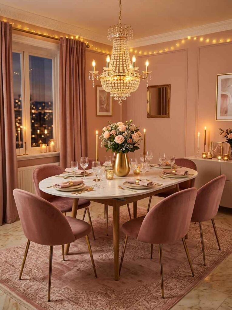 Extendable oval marble dining table set for dinner with pink chairs and warm chandelier lighting.