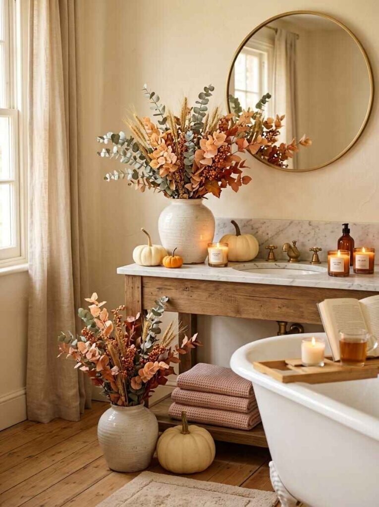 Rustic wood bathroom vanity with large ceramic vase filled with dried eucalyptus and autumn foliage next to white pumpkins and candles.