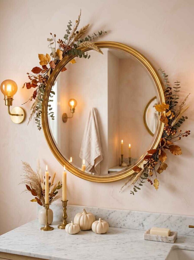 Round gold bathroom mirror decorated with dried autumn foliage, taper candles, and white ceramic pumpkins on a marble vanity.