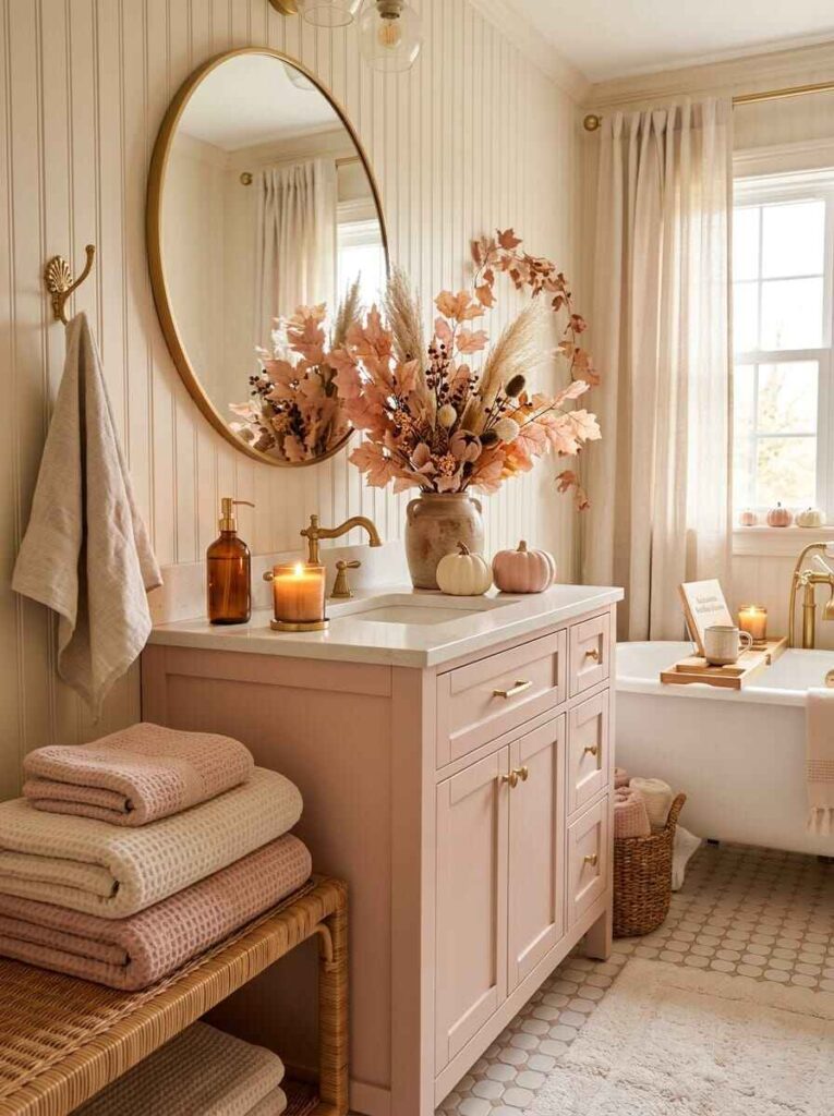 Round brass mirror framed with subtle autumn leaf garland above a blush vanity, floral arrangement, and woven stool with towels.