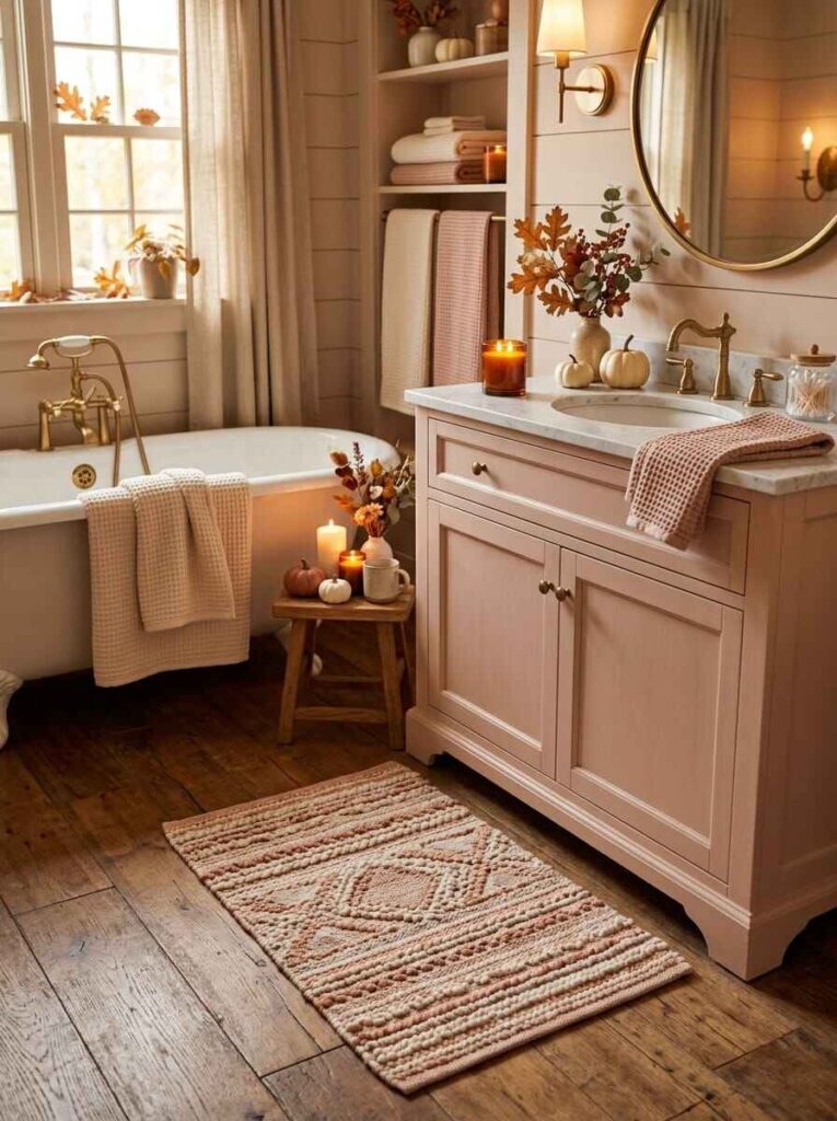 Cozy bathroom with blush pink vanity, textured woven runner rug on wood floor, clawfoot tub, and warm candlelight.