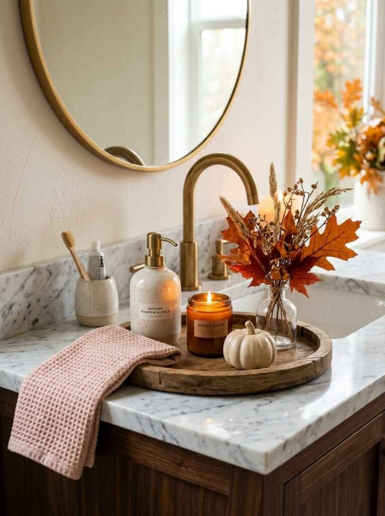 Round wooden tray on a marble countertop styled with a ceramic soap dispenser, amber candle, mini ceramic pumpkin, and dried oak leaves.