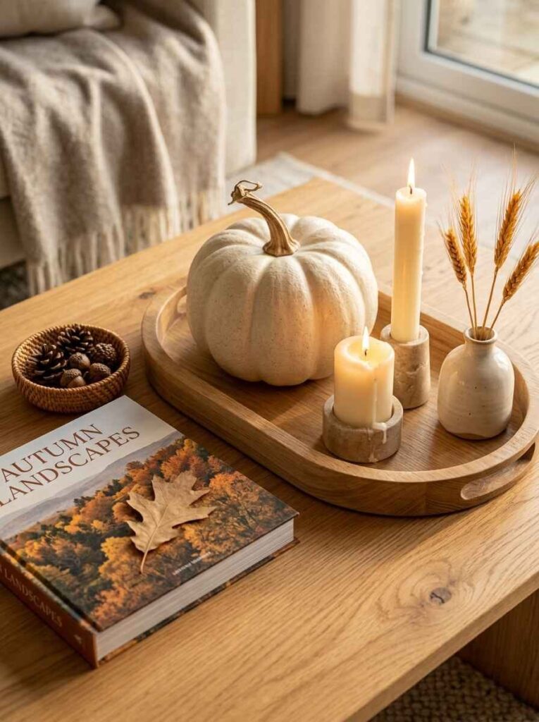 Wooden oval tray on a coffee table styled for fall with a white ceramic pumpkin, pillar candles, dried wheat vase, and autumn book.