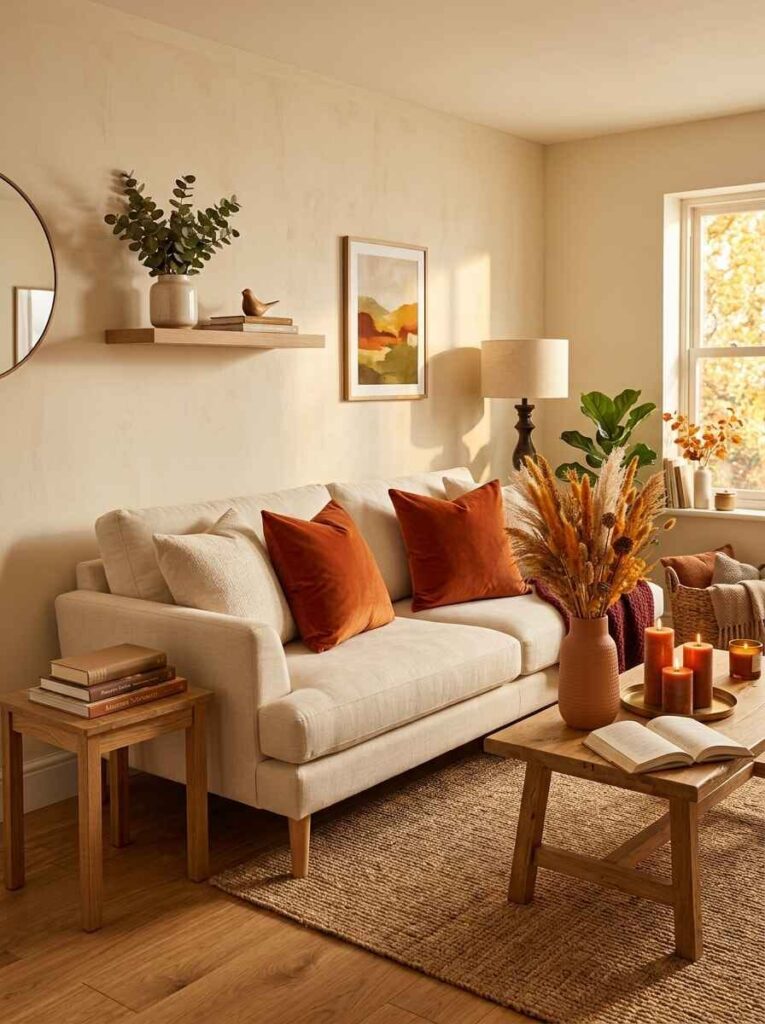 Cream sofa accented with burnt rust velvet pillows, vase of dried grasses, amber candles on a coffee table, and warm wall art.