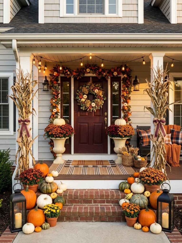 Fall front door framed with a lush autumn leaf garland, corn stalks on brick steps, candle lanterns, and potted mums.