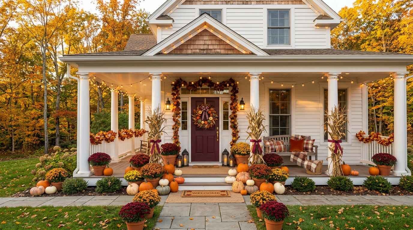 Wide shot of a classic fall front porch decorated with mums in terracotta pots, pumpkins on steps, corn stalks, and string lights.