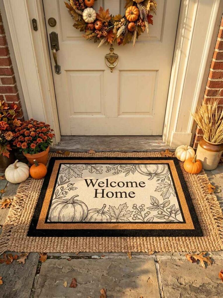Layered fall doormat with 'Welcome Home' pumpkin botanical design over a braided jute rug, framed by pumpkins and potted mums.