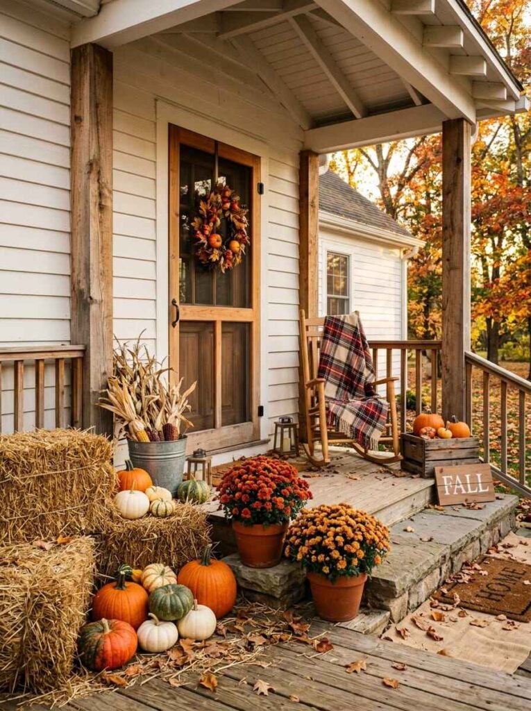 Farmhouse fall front porch with hay bales, potted mums, assorted pumpkins, a wooden rocking chair, and a plaid throw blanket.
