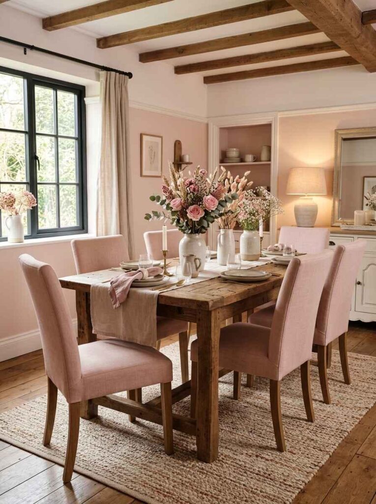 Textured natural woven rug under a rustic farmhouse wood dining table with pink upholstered chairs and exposed ceiling beams.