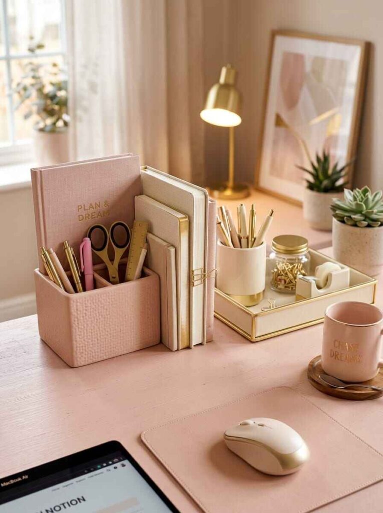 Aesthetic pink and gold desk organizer set with notebooks, scissors, pens, and small succulent plants on a blush wooden workspace.