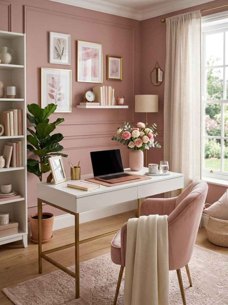 White modern desk with gold legs, blush pink velvet chair, wall shelves, and framed art in a feminine home office.