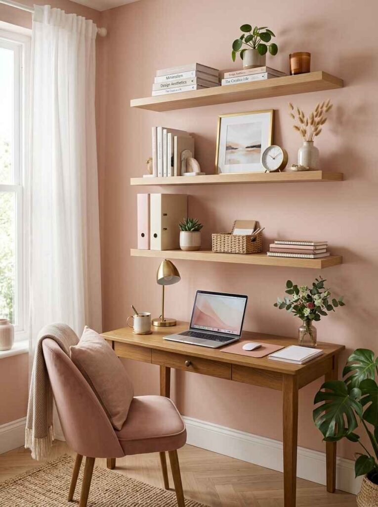 Three light wood floating wall shelves styled with books, plants, framed art, and storage boxes above a tidy desk.