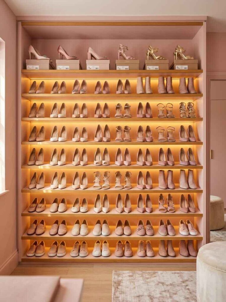 Floor-to-ceiling shoe wall featuring built-in LED warm shelf lighting organizing heels and flats.