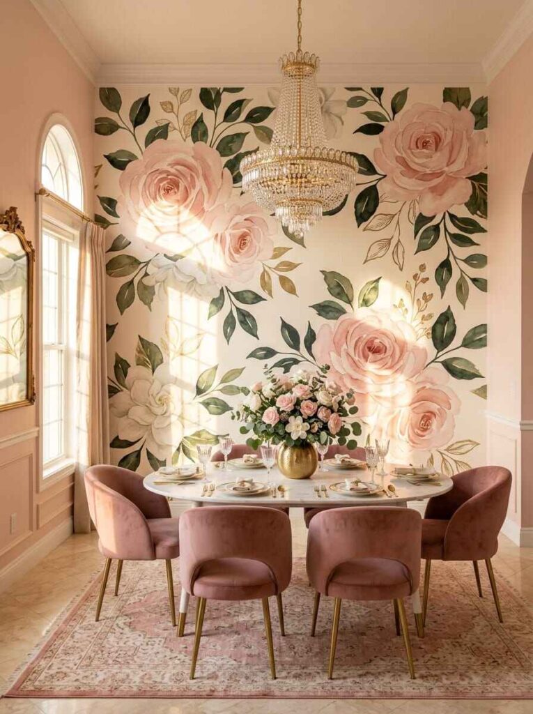 Dining room accent wall featuring an oversized painted pink rose floral mural and crystal chandelier.
