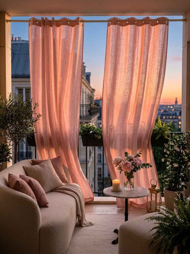 Flowing pink outdoor curtains hung on a balcony frame to provide shade and soft privacy around a cozy sofa.