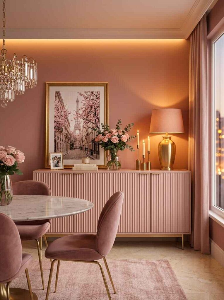 Fluted dusty pink sideboard storage cabinet styled with a gold lamp and framed wall art.