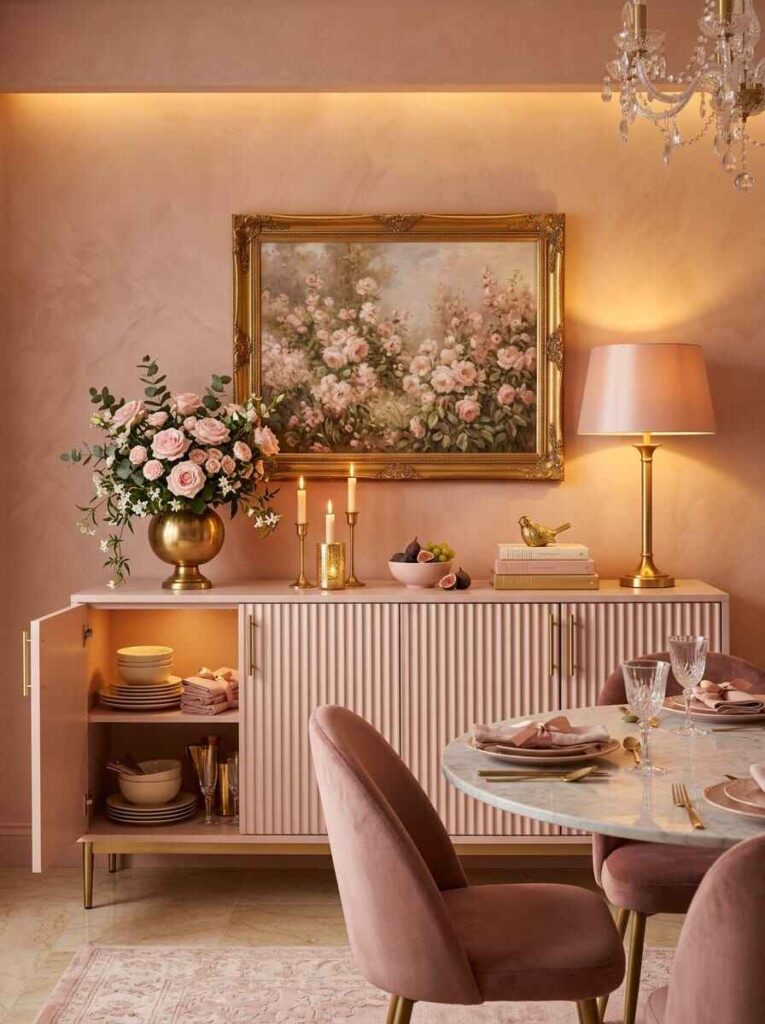 Fluted pink sideboard decorated with a brass table lamp, floral painting, fresh roses, and gold candles.