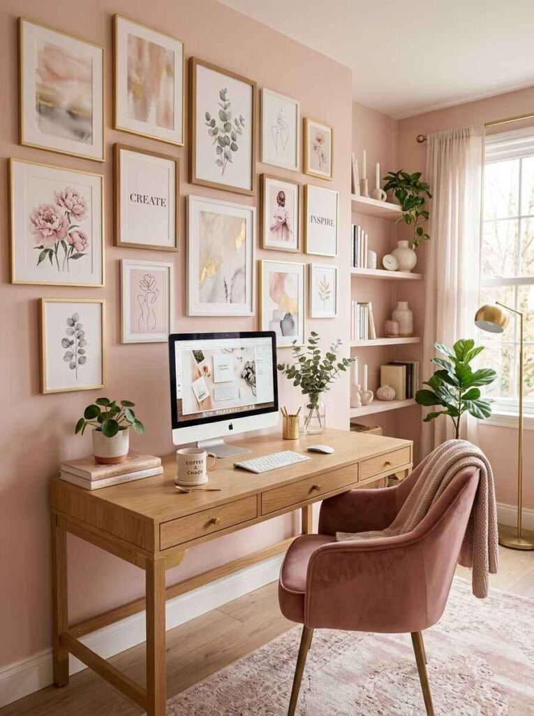 Beautiful framed botanical and abstract gallery wall above a light wood computer desk and blush velvet armchair.