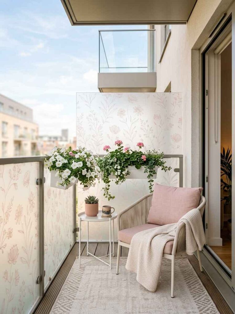 Modern apartment balcony featuring decorative floral frosted film applied to glass railing panels for privacy.