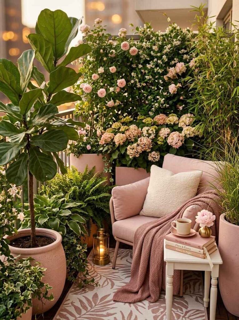 Secluded balcony reading nook featuring a pink lounge chair surrounded by lush green foliage and potted flowers.