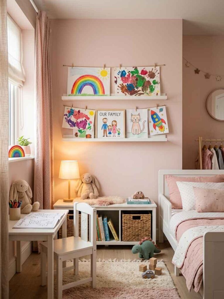 White wall picture ledges with hanging wire displaying colorful children drawings and artwork above a study desk.