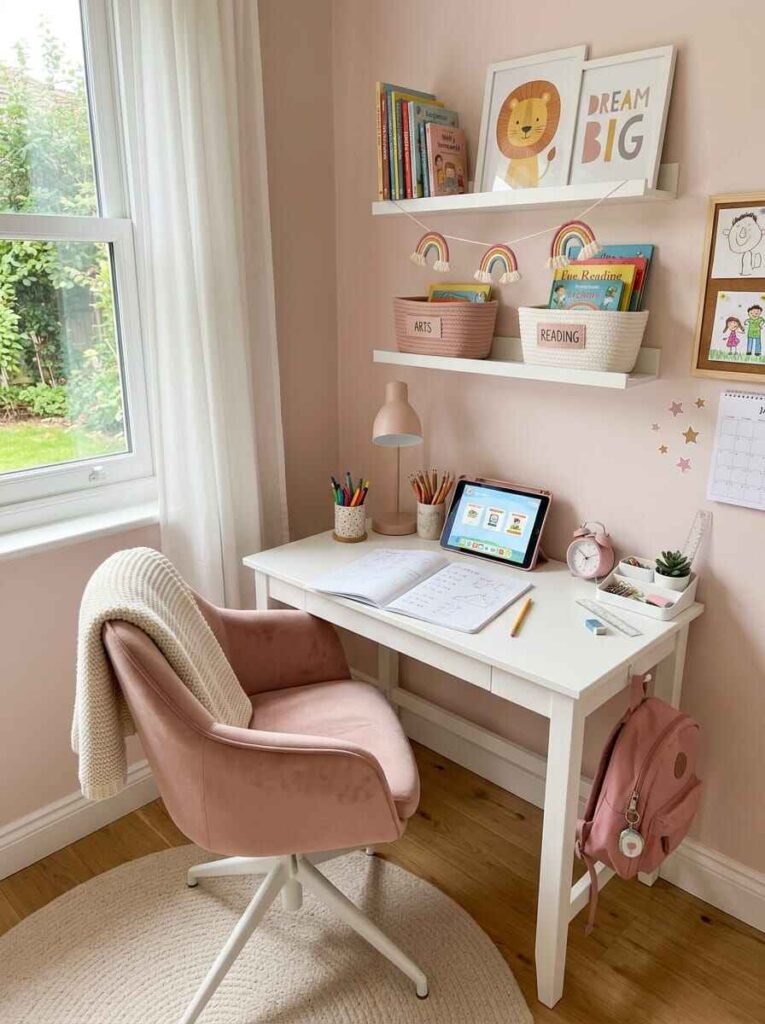Small white study desk with pink velvet chair, wall book ledges, homework supplies, and tablet in a kids bedroom.